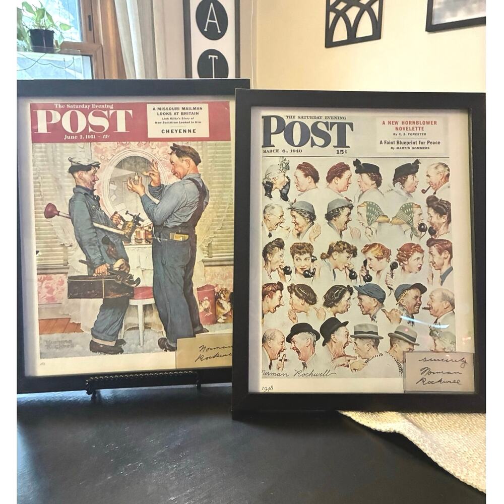 Norman Rockwell Framed Autograph Set of 2 Authentic Signed Cuts Vintage Covers
